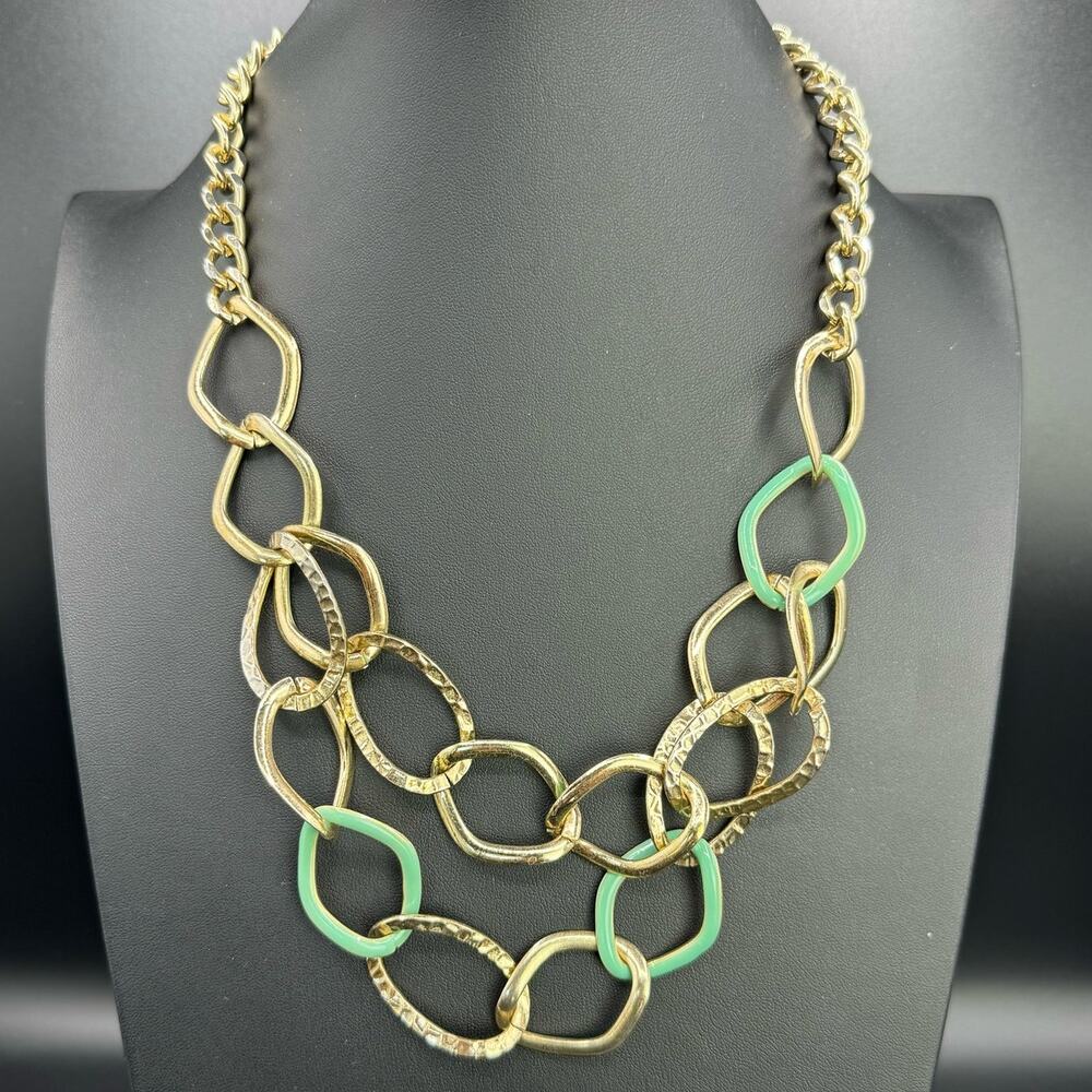 Women Hammered Texture Gold Tone Double Strand Curb Chain Statement Necklace